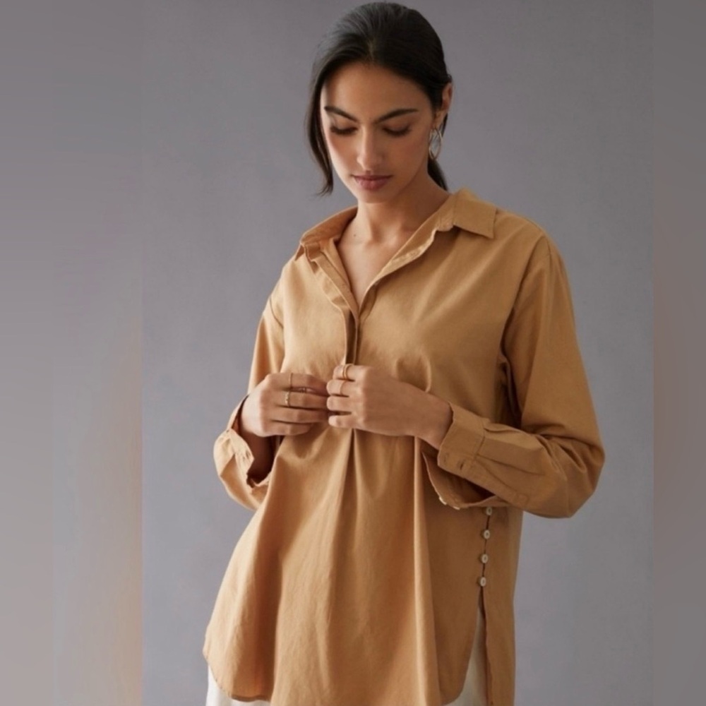 Anthologie Camel Brown Button-Side Cotton Tunic Blouse Long Sleeve Boho Size S